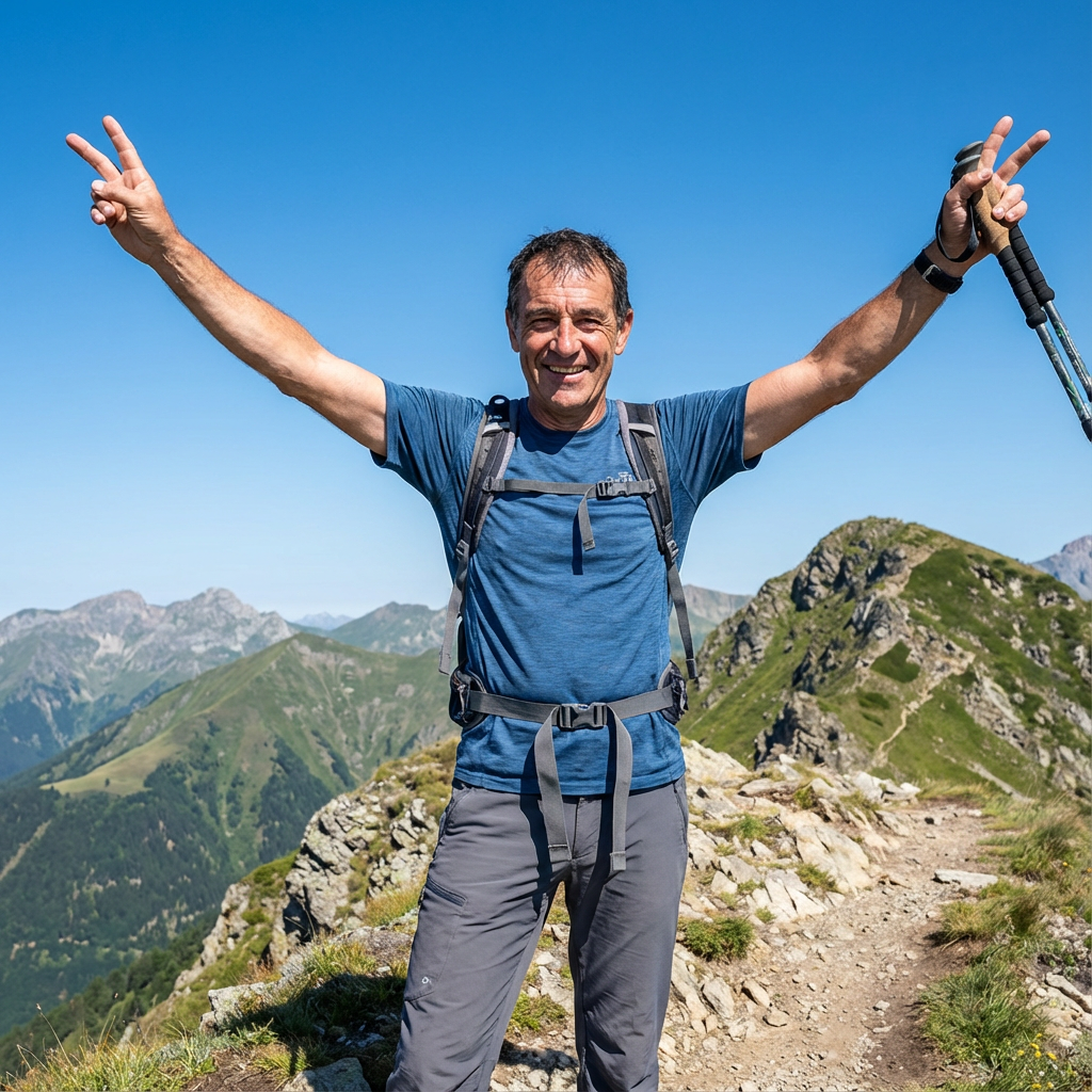 Man celebrating hiking achievement pain-free